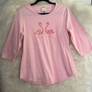 NWT Indigo Soul Womens Pink 3/4 Sleeve  Shirt With Beaded Sequined Flamingos M